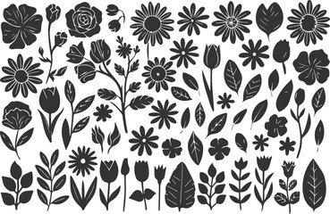 "Flower and Leaf Silhouette Collection: Hand-Drawn Black & White Floral Elements