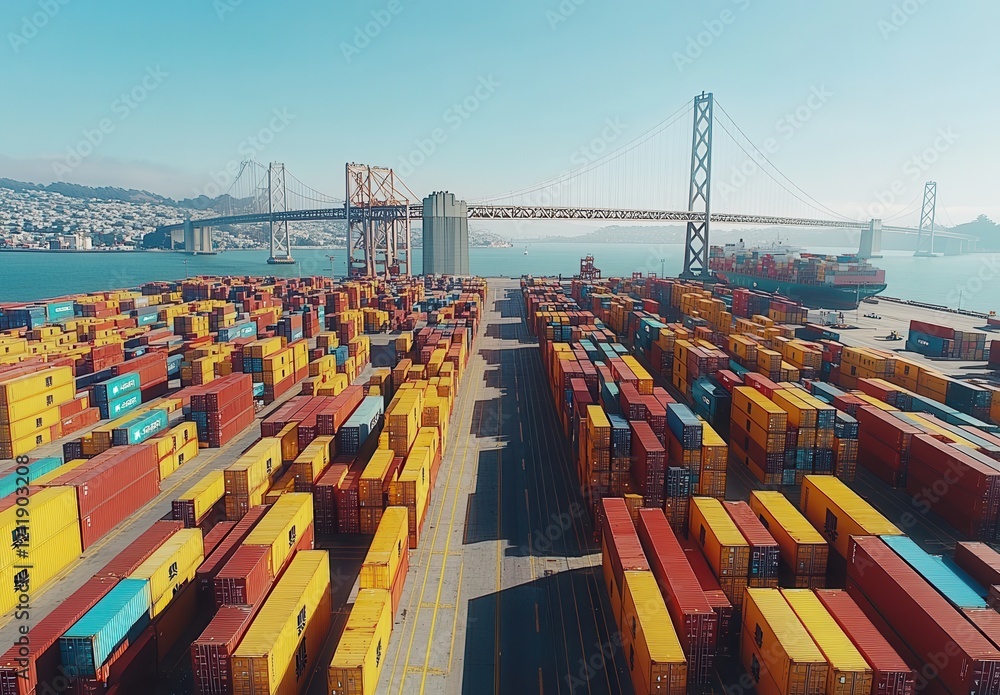 Poster aerial view of colorful shipping containers at container port near distant bridge with clear blue sk