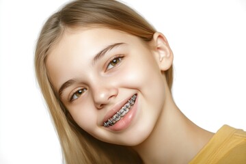 Obraz premium A young girl with metal braces on her teeth smiles directly into the camera