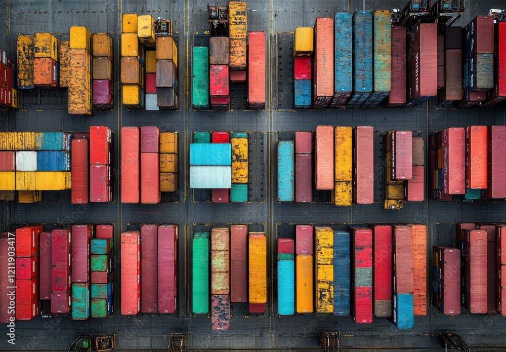 Poster aerial view of colorful shipping containers in a busy port, showing various sizes and arrangements u