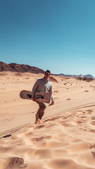 man sandboarding colored canyon in the Sinai desert in Egypt