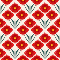 Vintage Retro Daisy 70s Modern Geometric seamless pattern red gerbera flowers texture background. Trendy cubic blossom print