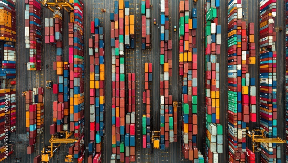 Poster aerial view of colorful shipping containers stacked at a busy port facility, showcasing the logistic