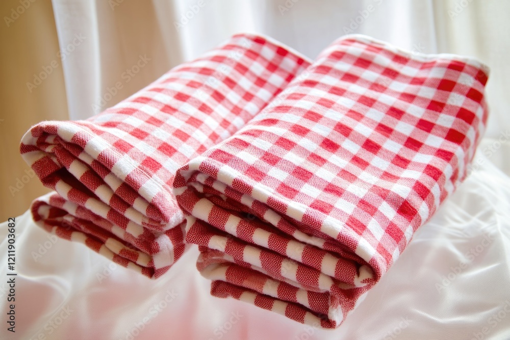 Poster a collection of red and white striped towels stacked on top of each other