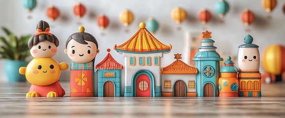Adorable cartoon characters and miniature Asian-style buildings on a wooden surface.