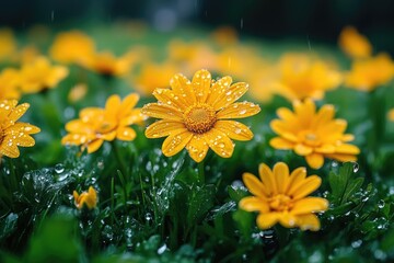 Obraz premium Close-up shot of a bunch of yellow flowers with water droplets on their petals