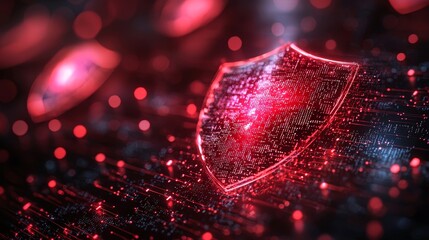 Digital shield symbolizing cybersecurity with glowing red elements and data patterns on a futuristic background