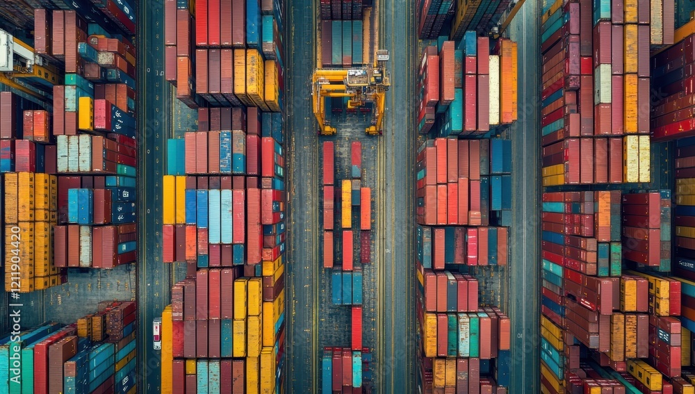 Poster aerial view of colorful shipping containers stacked in a busy cargo port with a crane preparing to l