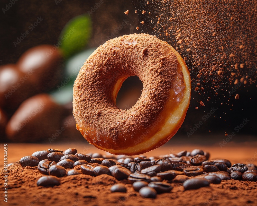 Aufkleber delicious cocoa-dusted donut levitating above coffee beans and cocoa powder, creating a tempting and