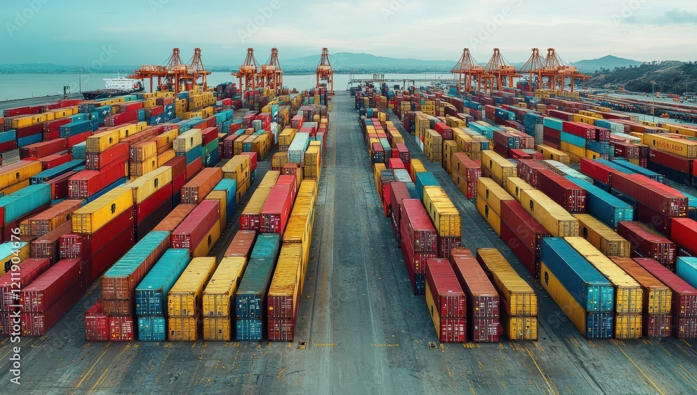 Poster aerial view of colorful shipping containers stacked neatly at a busy sea port with cranes in the bac