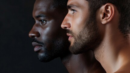 Fototapeta premium In an intimate moment, two men stand shoulder to shoulder, their diverse backgrounds illuminated against a dark backdrop, symbolizing unity and strength in their differences
