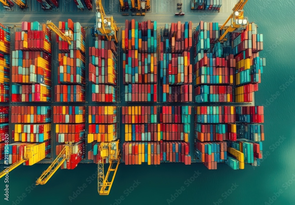 Poster aerial view of colorful shipping containers stacked in organized rows at a busy port with cranes and
