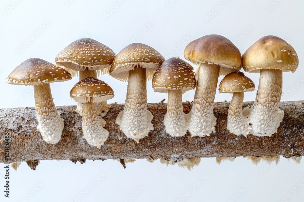 Poster a cluster of mushrooms perched on a tree branch, nature scene