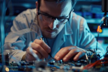 Male tech repairs electronics in research facility  focus on face.