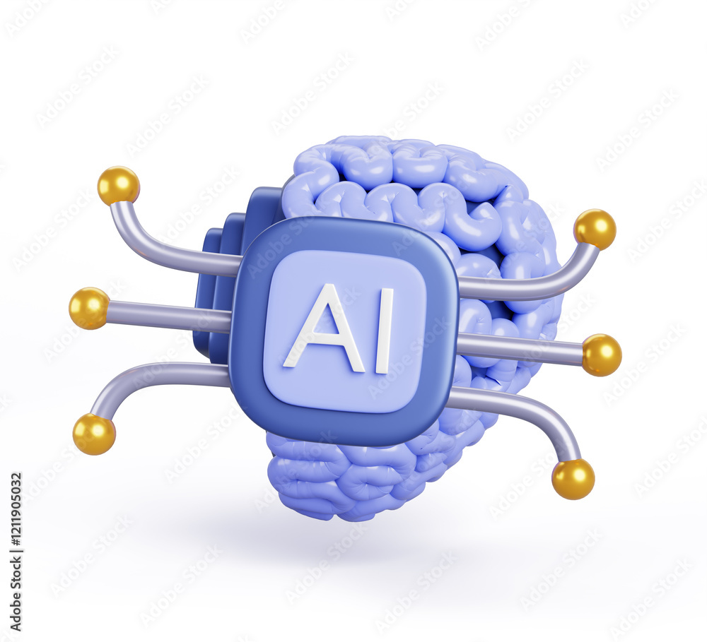 Poster artificial intelligence brain implant or ai chip icon 3d render. brain computer interface, mind and 