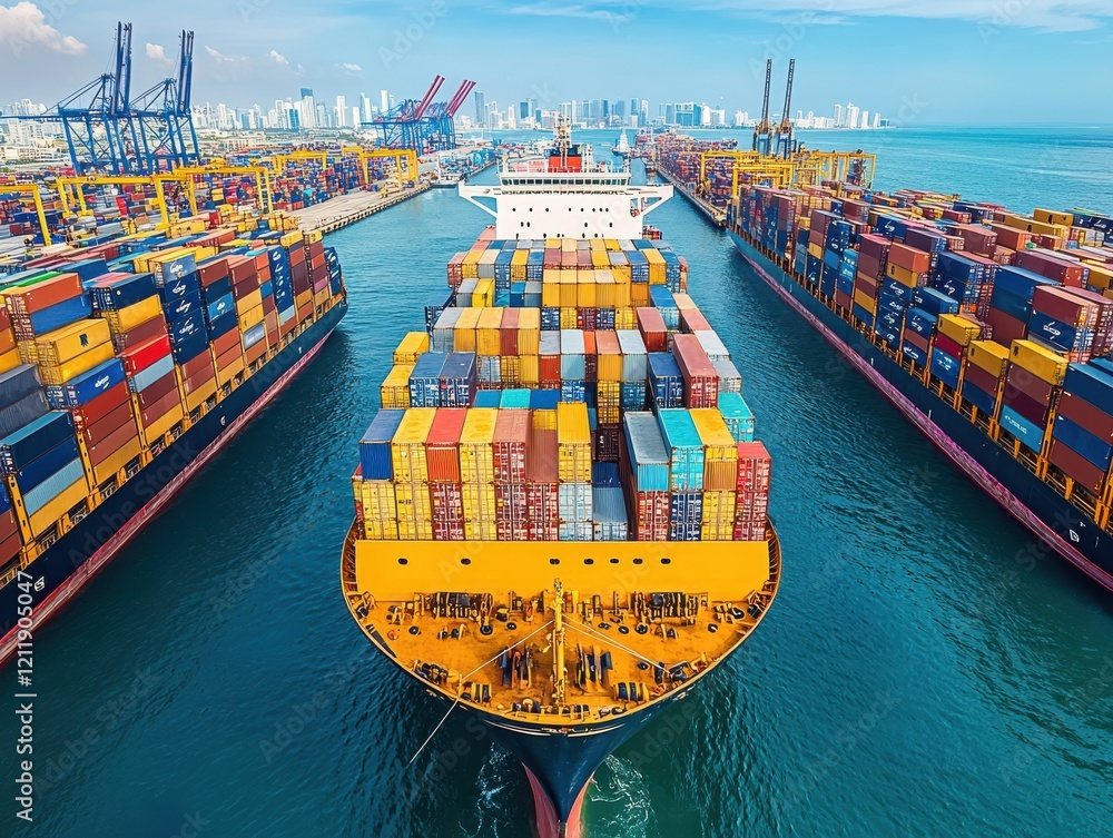 Poster aerial view of container cargo ships docked at busy port with colorful shipping containers in clear 