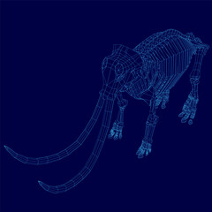 Blue image of a skeleton with a long tusk. The image is of a large animal, possibly an elephant or a mammoth, with a long tusk
