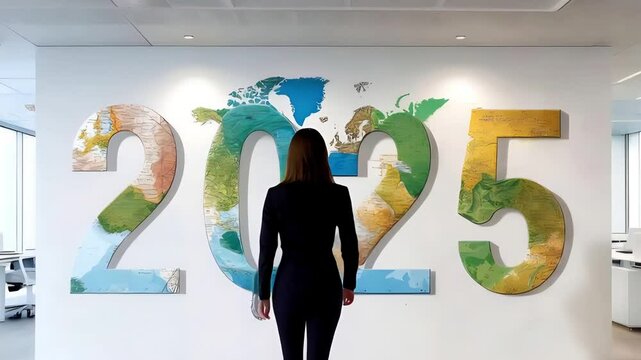 3D numbers "2025" with a map texture. Conceptual and forward-looking.