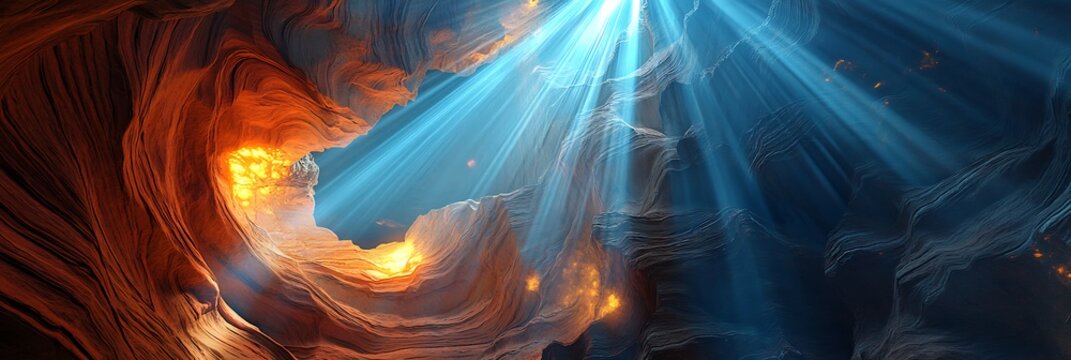 A surreal digital art of a glowing canyon seen from within with rays of sunlight streaming through narrow openings