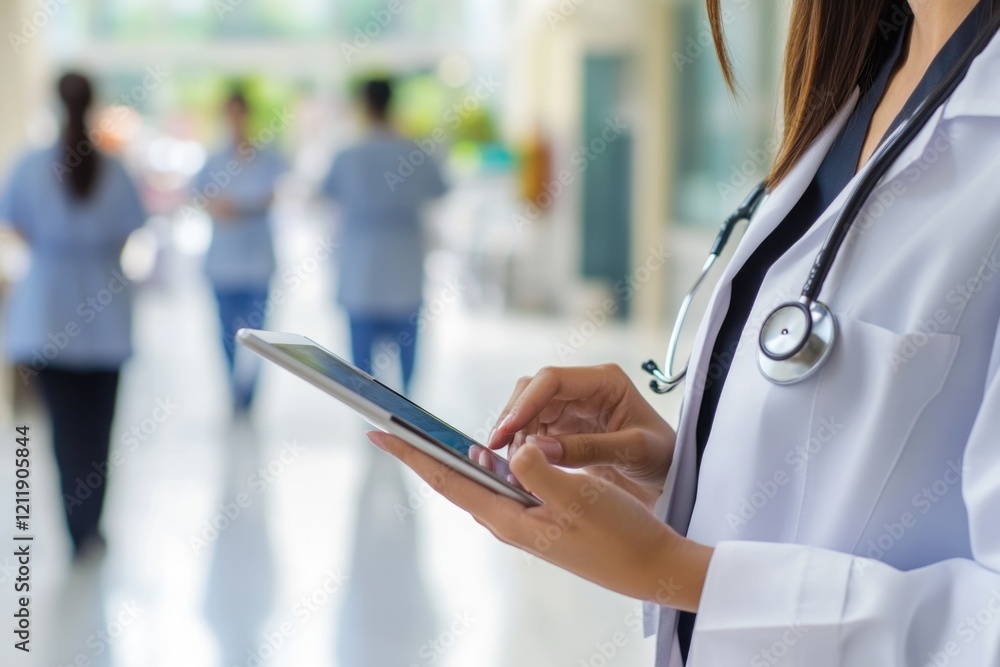 Aufkleber a woman in a white lab coat holds a tablet computer, suitable for medical or technology-related conc