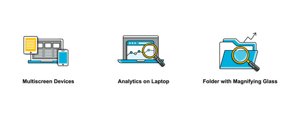 Data Analytics and Visualization. Analytics on Laptop, Folder with Magnifying Glass, Multiscreen Devices