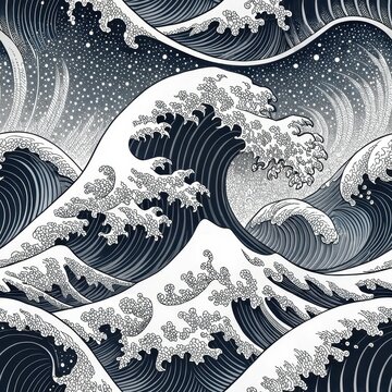 Dramatic Monochrome Wave Illustration Artistic Japanese Style Ocean Wave Design