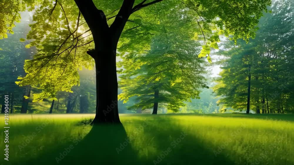Poster sunlight filters through lush trees in serene forest, creating tranquil atmosphere filled with green