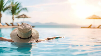 Woman relaxing in resort pool, tropical beach background, vacation getaway