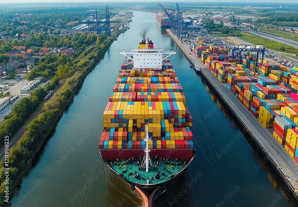 Poster aerial view of container ship navigating through canal surrounded by colorful cargo containers and i