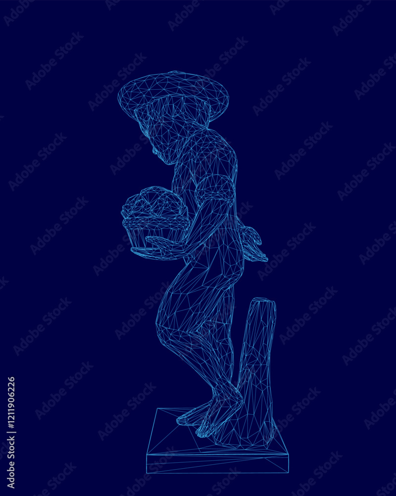 Poster blue image of a man holding a basket. the man is wearing a hat and has a beard. the basket is filled