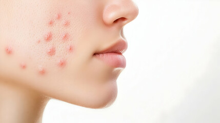 Obraz premium Woman's face with acne, close-up profile, white background, skincare treatment