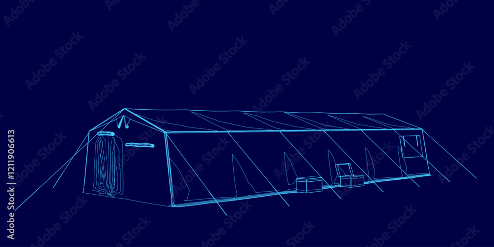 Poster blue building with a tent on top of it. the building is large and has a lot of space