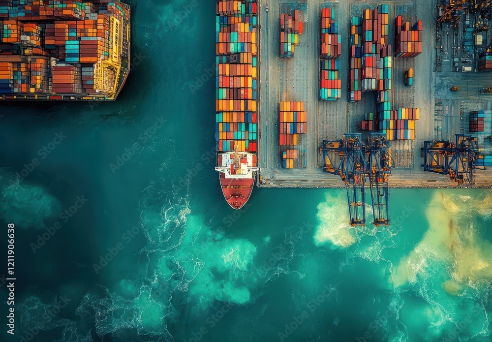 Poster aerial view of harbor with colorful shipping containers, moored vessel, and cranes in dynamic port e