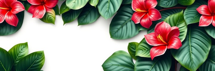 Fototapeta premium A tropical-themed invitation and copy space template featuring colorful hibiscus flowers and monstera leaves, hibiscus flowers, floral