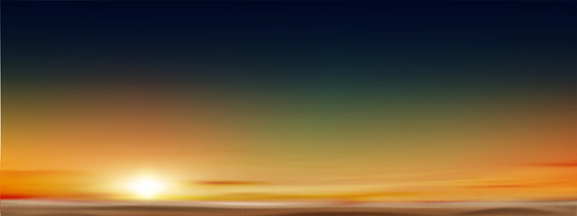 Sunset Sky blue background,Summer sundown,clear sky red,orange,yellow over sea sand beach.Vector cartoon nature background Sunrise sky,bright Sunlight,Horizon seascape Golden hour dramatic dusk sky