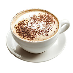 Fototapeta premium Aromatic cappuccino topped with chocolate shavings, served in a white cup and saucer. Perfect for a cozy morning or afternoon treat.