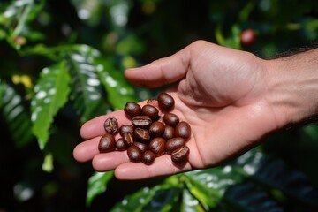 A person holding a handful of coffee beans, a symbol of daily routine and caffeine fix