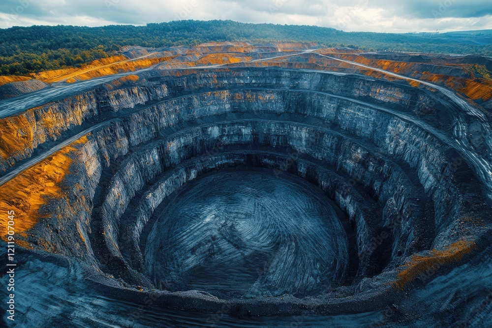 Poster a large open-pit mine in the midst of a mountain, suitable for industry or business use