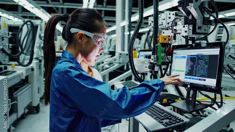 Poster engineers collaborate on complex machinery in high-tech facility during daylight hours