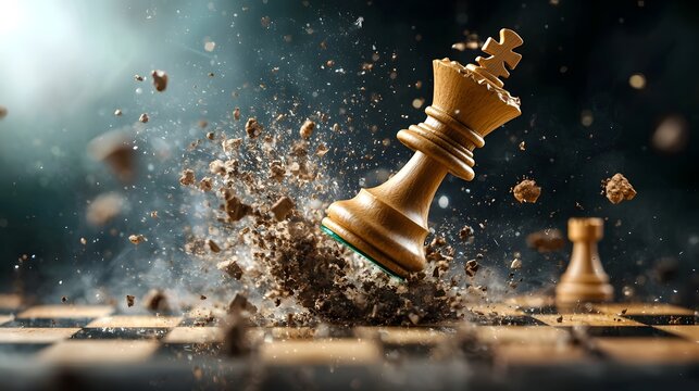 A powerful chess king shattering through a glass chessboard symbolizing unshakable dominance strategic brilliance and the ability to overcome obstacles and disrupt the status quo