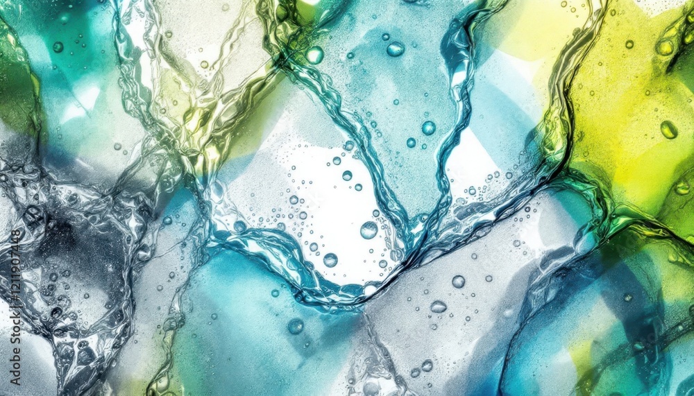 Poster abstract liquid patterns in blue and green with bubbles and light reflection