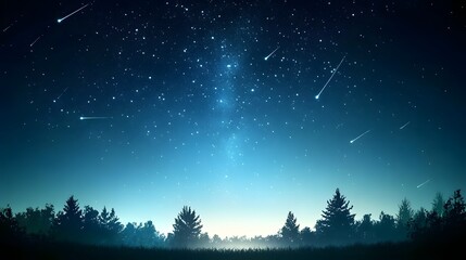Fototapeta premium Majestic Night Sky Filled with Shooting Stars and Twinkling Stars Over a Serene Landscape