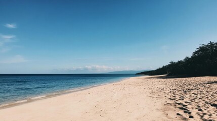 Fototapeta premium Serene beach scene with clear blue water, soft sand, and lush greenery.