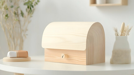 Wooden storage box on white table, minimalist home decor, calm background