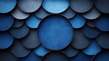 Geometric blue circles and polygons on a dark background. Geometric pattern for banner template with white space in the center for text. Minimalist wallpaper with copy space.