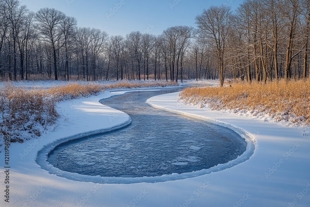 Poster a serene scene of a river flowing through a snowy field, perfect for use in winter-themed designs