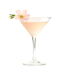 Peach martini garnished with a delicate pink flower. Refreshing summer cocktail.