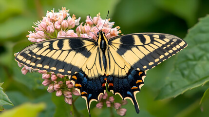 Yellow butterfly perched on pink flowers, garden background, nature photography for websites or publications