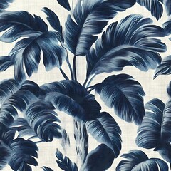 Indigo blue banana leaf print on off-white linen-like fabric.