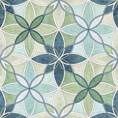 Seamless Teal Green Floral Geometric Pattern Abstract Flower Textile Design Vintage Watercolor